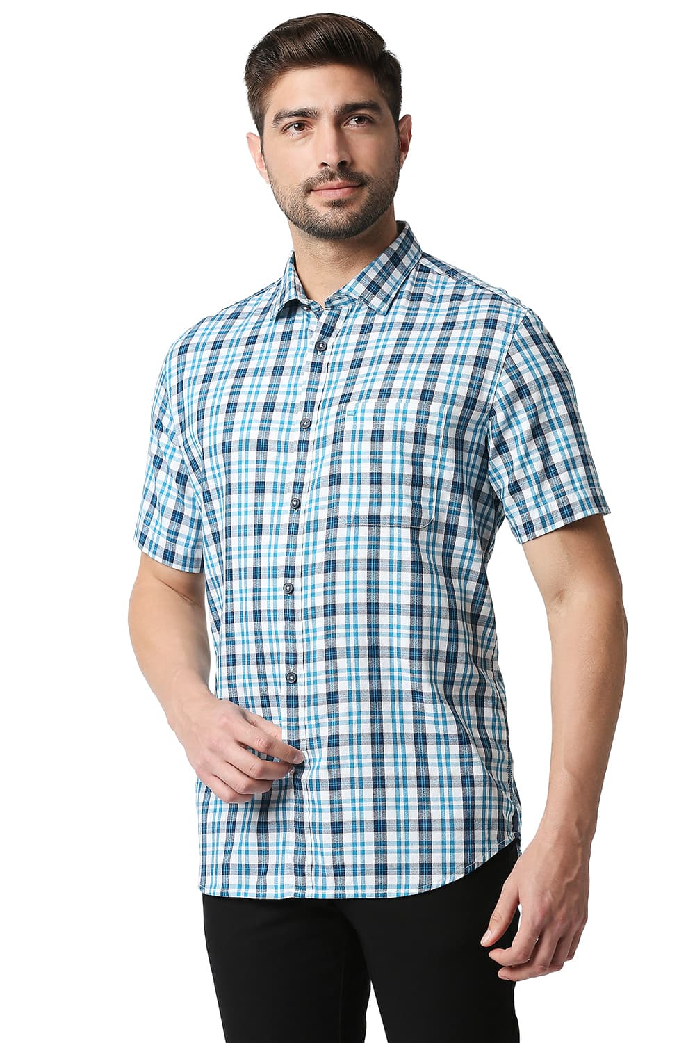 BASICS SLIM FIT CREPE CHECKS HALFSLEEVES SHIRT