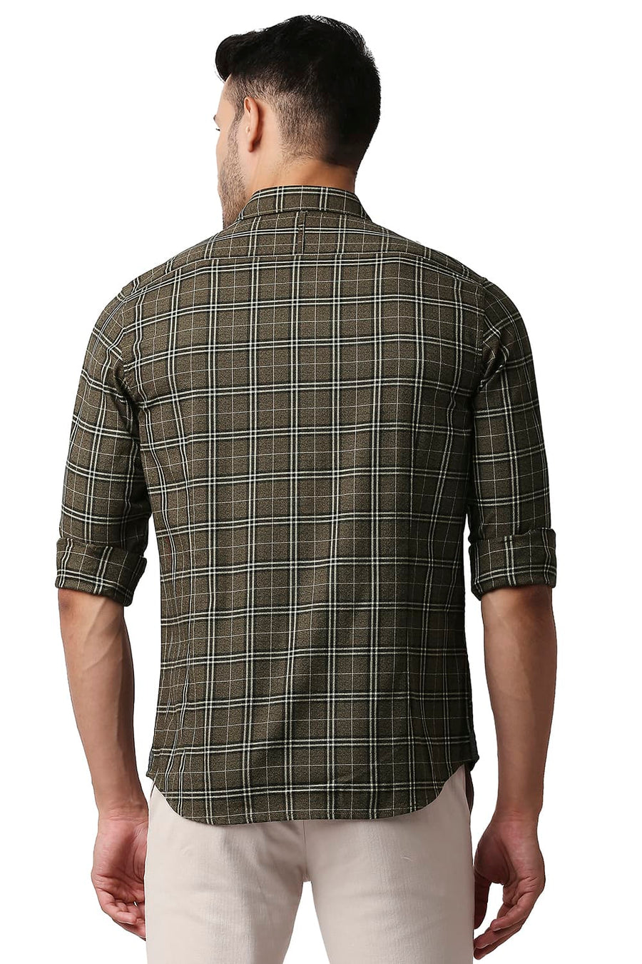 BASICS SLIM FIT LEAD KHAKI CREPE CHECKS SHIRT