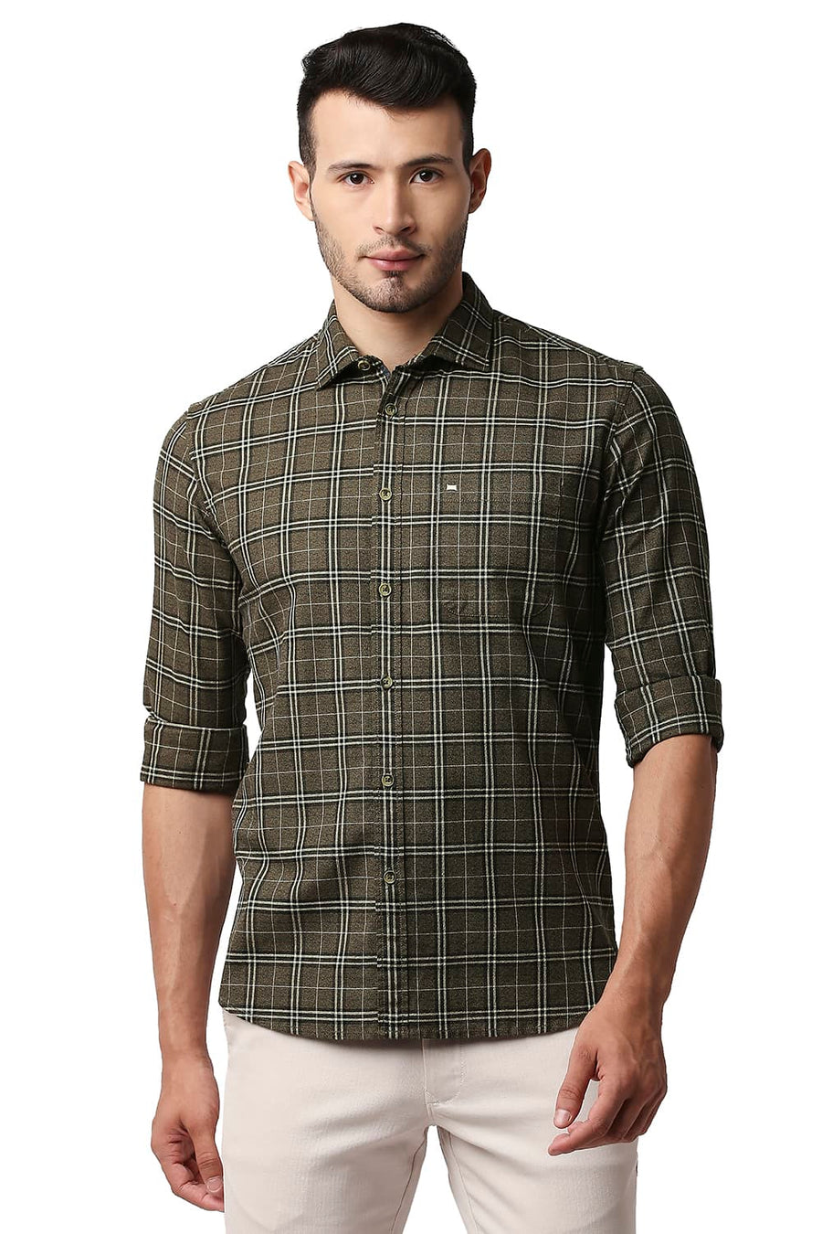 BASICS SLIM FIT LEAD KHAKI CREPE CHECKS SHIRT