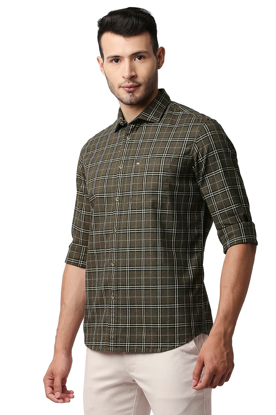BASICS SLIM FIT LEAD KHAKI CREPE CHECKS SHIRT