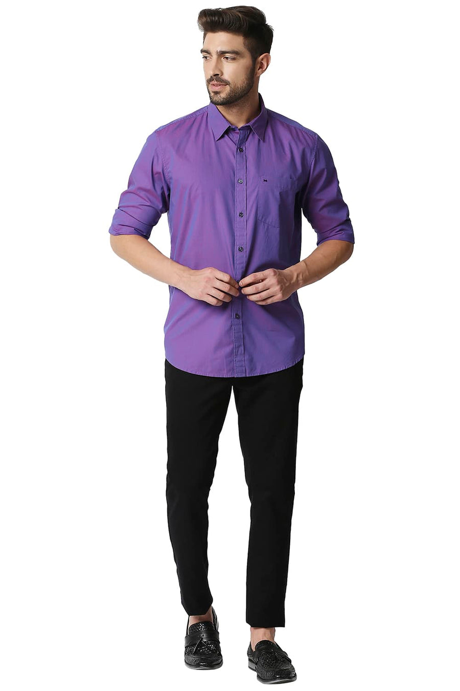 BASICS SLIM FIT PURPLE OPULENCE CHAMBRAY SHIRT