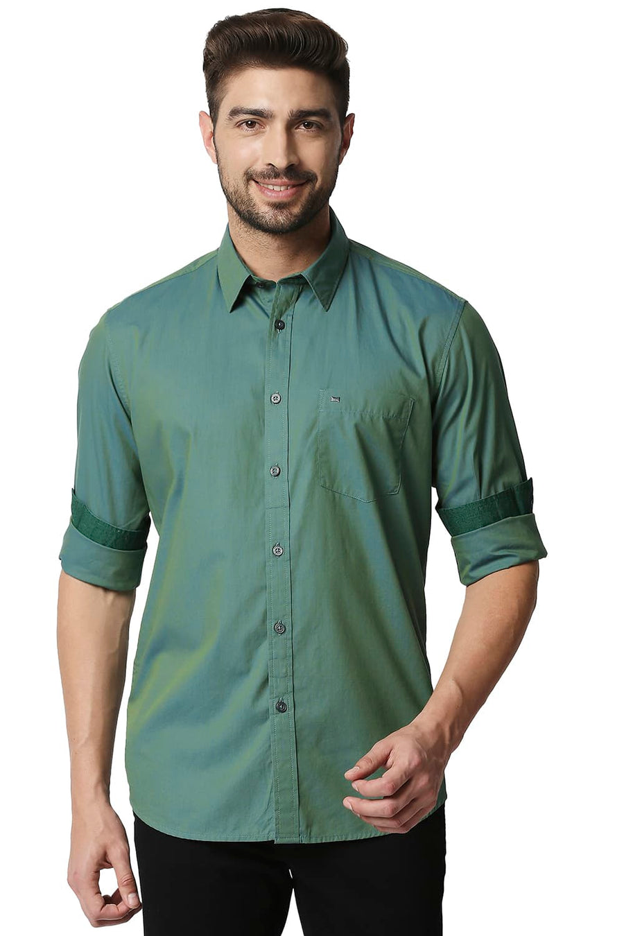 BASICS SLIM FIT SILVER PINE GREEN CHAMBRAY SHIRT