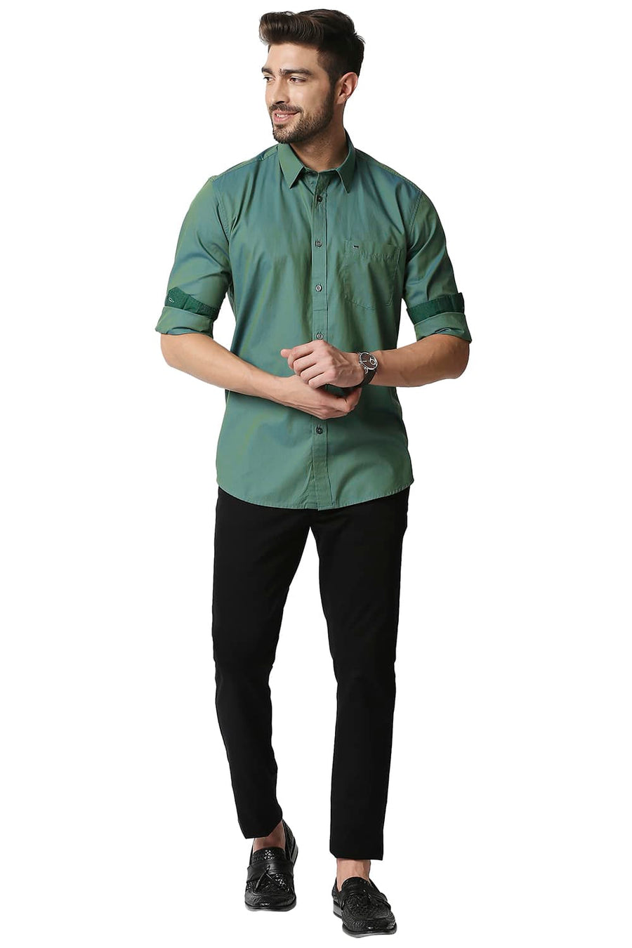 BASICS SLIM FIT SILVER PINE GREEN CHAMBRAY SHIRT
