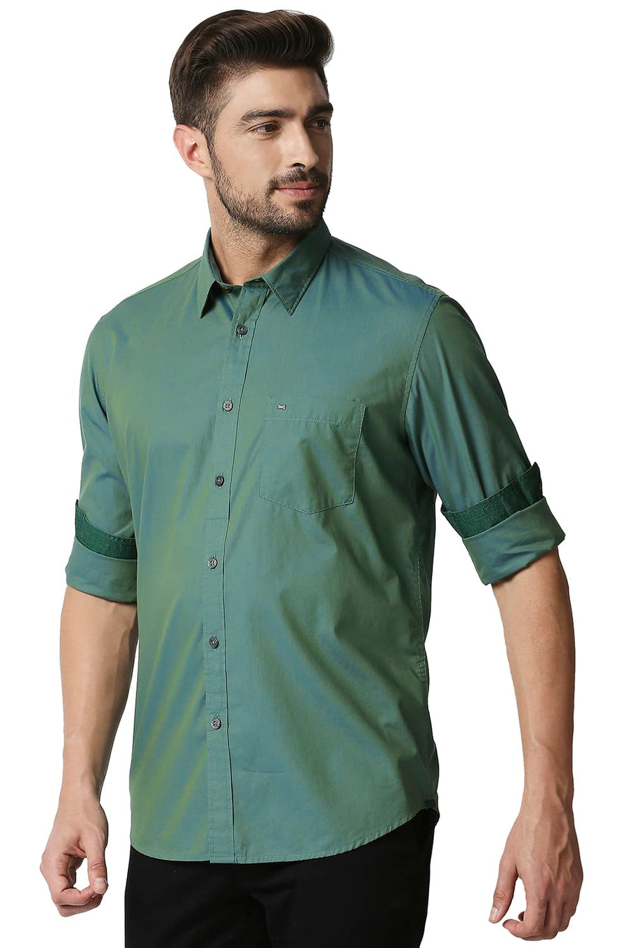 BASICS SLIM FIT SILVER PINE GREEN CHAMBRAY SHIRT