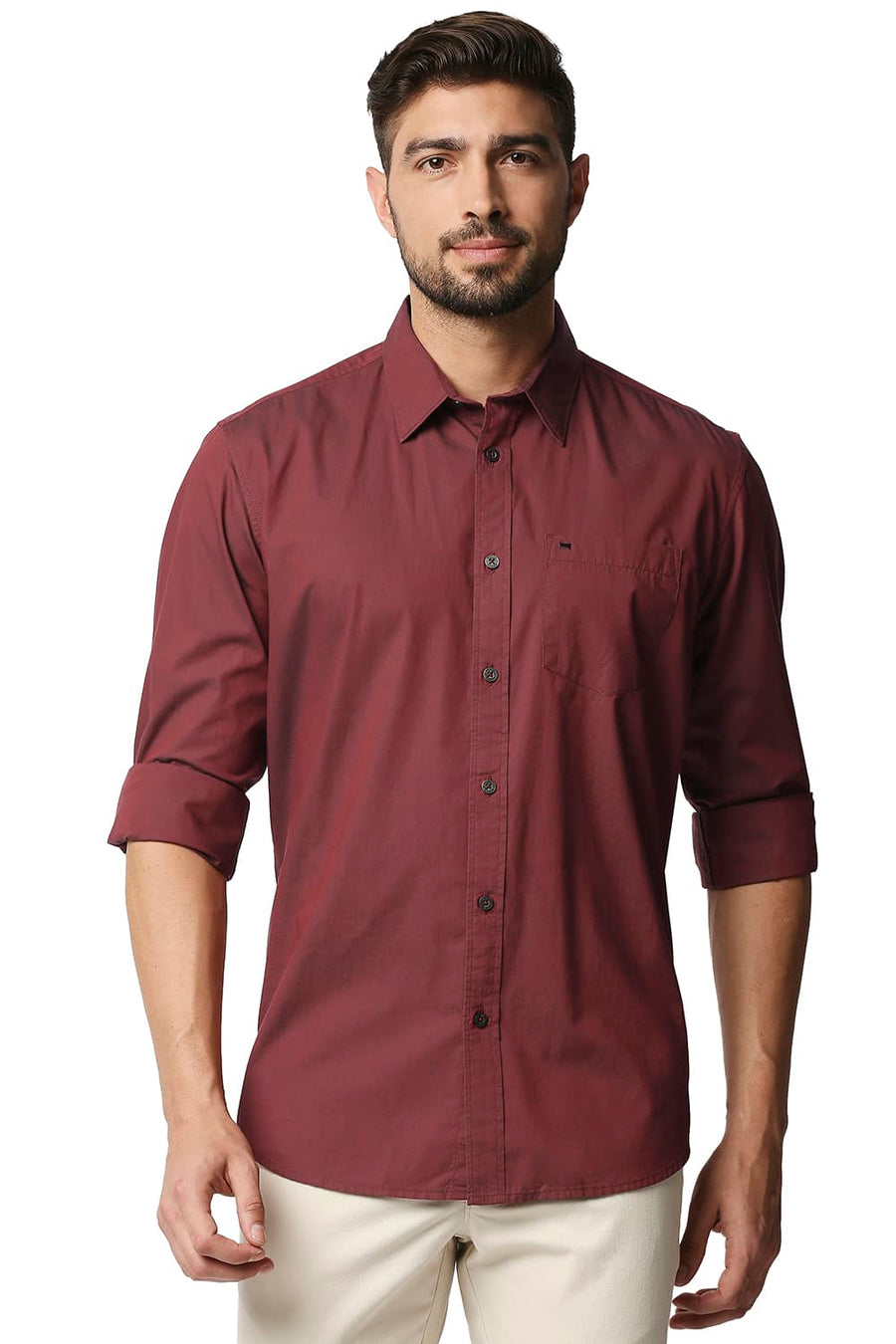 BASICS SLIM FIT APPLE BUTTER RED CHAMBRAY SHIRT