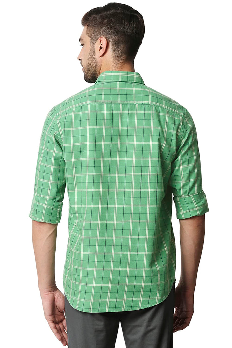 BASICS SLIM FIT STONE GREEN TWILL CHECKS SHIRT SHIRT