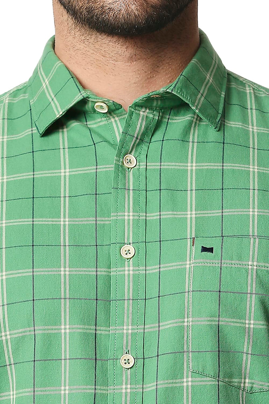 BASICS SLIM FIT STONE GREEN TWILL CHECKS SHIRT SHIRT