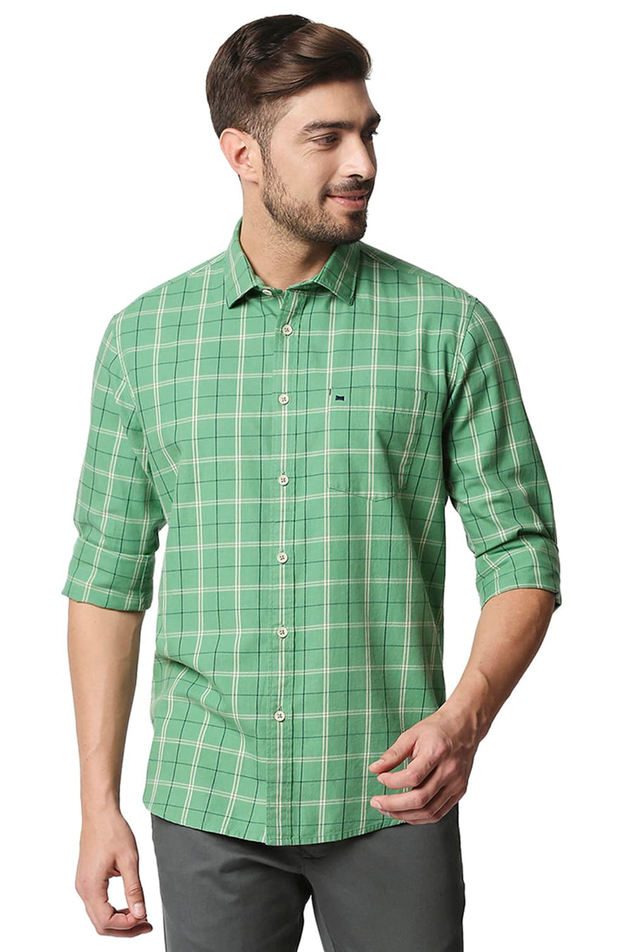 BASICS SLIM FIT STONE GREEN TWILL CHECKS SHIRT SHIRT