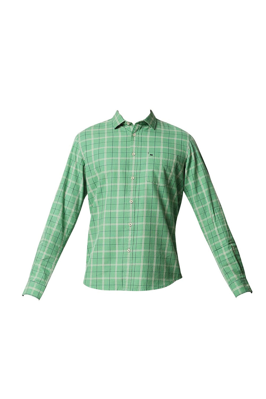 BASICS SLIM FIT STONE GREEN TWILL CHECKS SHIRT SHIRT