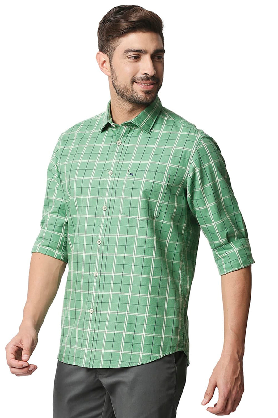 BASICS SLIM FIT STONE GREEN TWILL CHECKS SHIRT SHIRT
