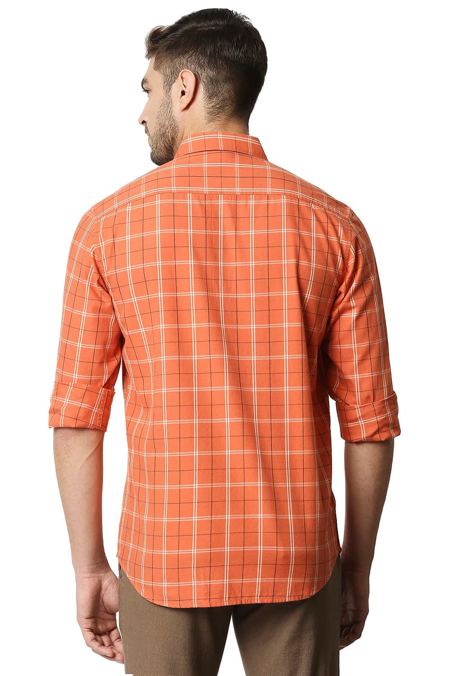 BASICS SLIM FIT KOI ORANGE TWILL CHECKS SHIRT SHIRT