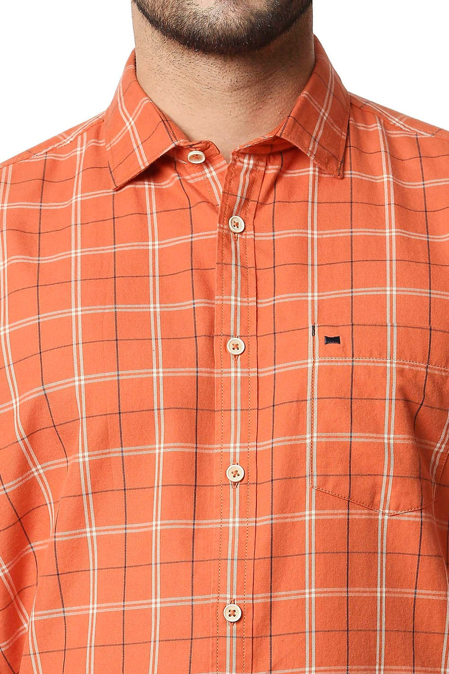 BASICS SLIM FIT KOI ORANGE TWILL CHECKS SHIRT SHIRT