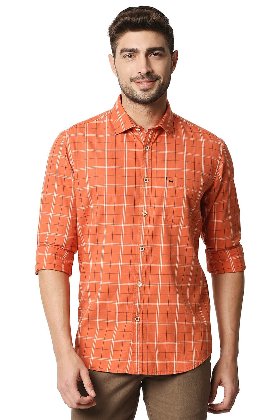 BASICS SLIM FIT KOI ORANGE TWILL CHECKS SHIRT SHIRT