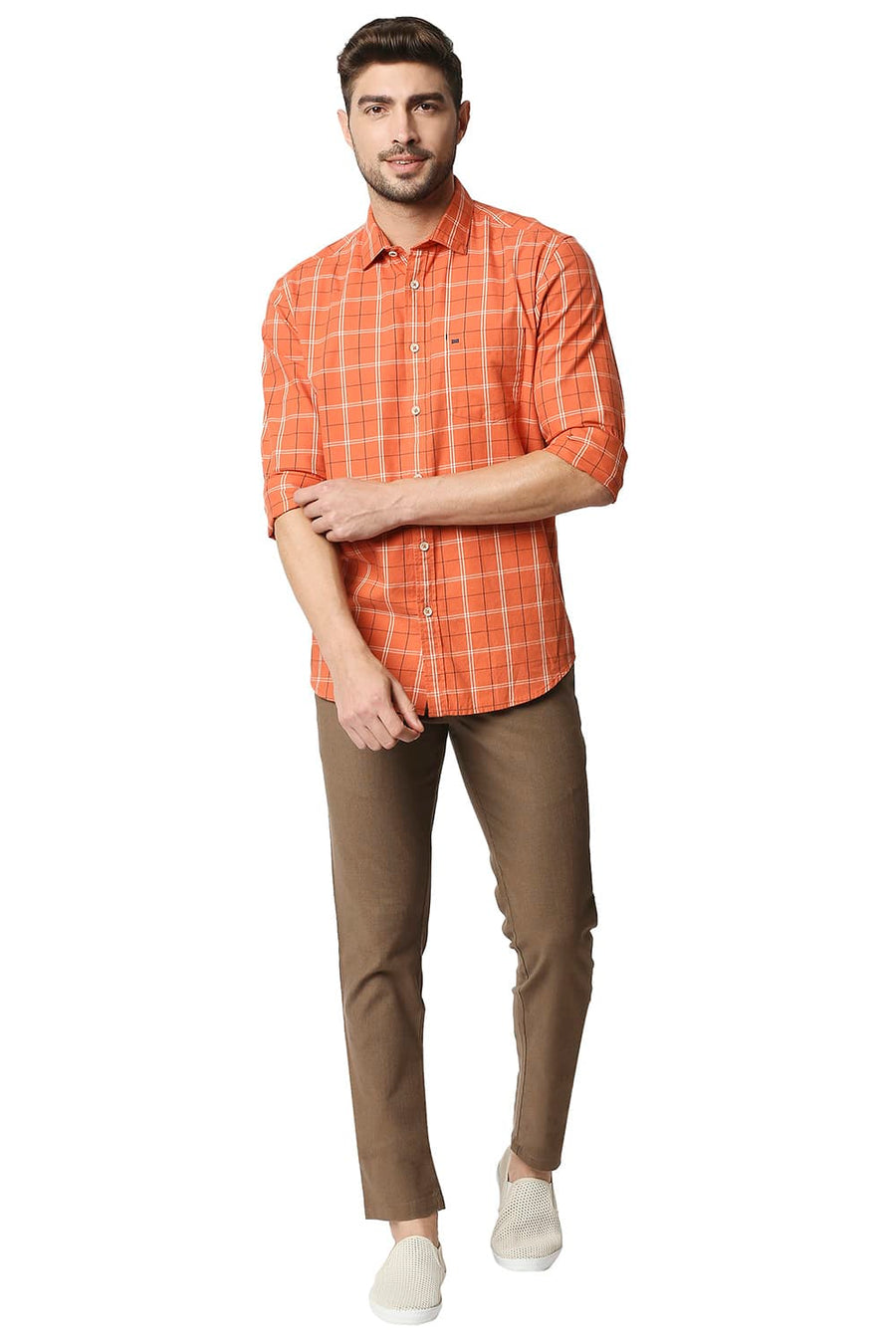 BASICS SLIM FIT KOI ORANGE TWILL CHECKS SHIRT SHIRT