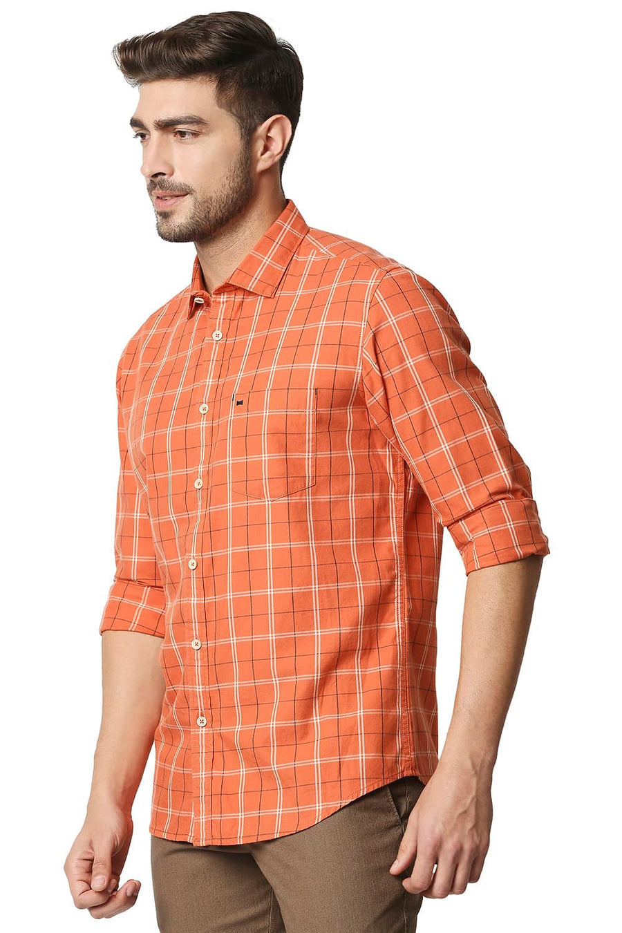 BASICS SLIM FIT KOI ORANGE TWILL CHECKS SHIRT SHIRT