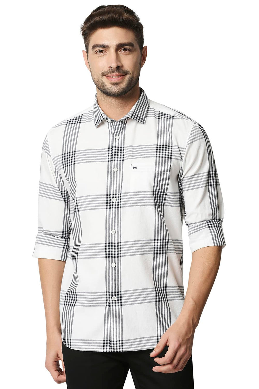 BASICS SLIM FIT PEACOAT NAVY TWILL CHECKS SHIRT SHIRT