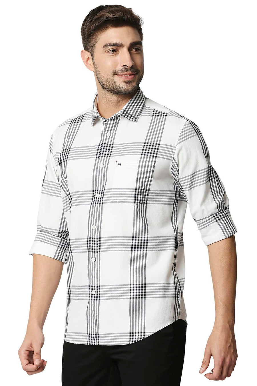 BASICS SLIM FIT PEACOAT NAVY TWILL CHECKS SHIRT SHIRT