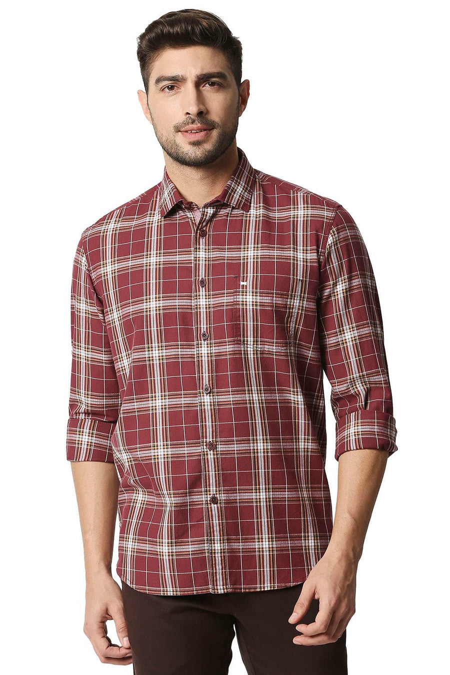 BASICS SLIM FIT CORDOVAN MAROON TWILL CHECKS SHIRT SHIRT