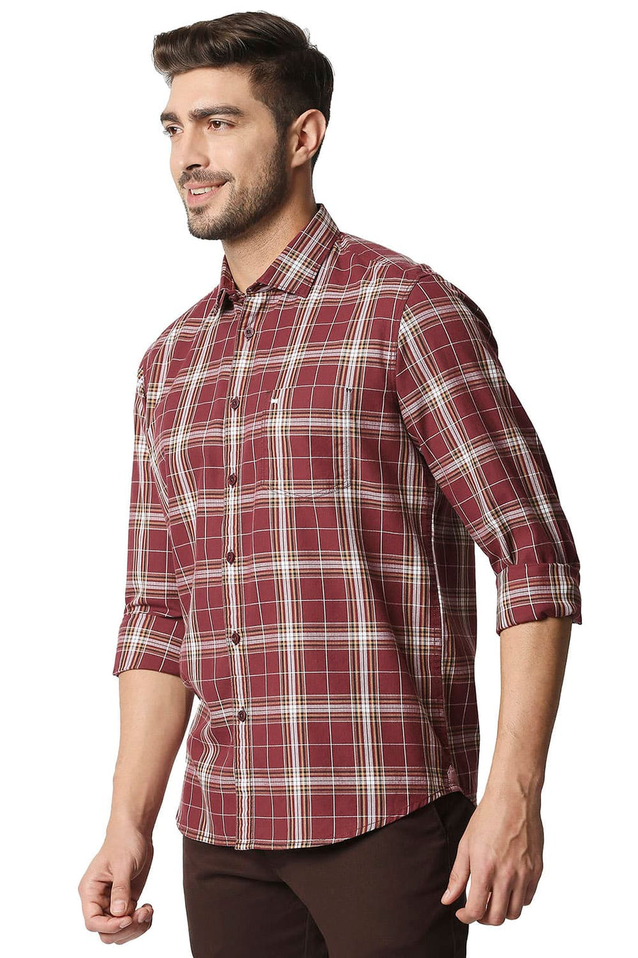 BASICS SLIM FIT CORDOVAN MAROON TWILL CHECKS SHIRT SHIRT