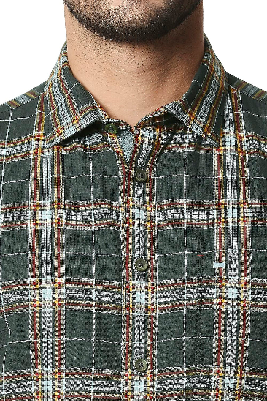 BASICS SLIM FIT IVY GREEN TWILL CHECKS SHIRT SHIRT