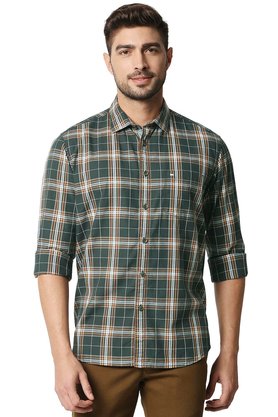 BASICS SLIM FIT IVY GREEN TWILL CHECKS SHIRT SHIRT