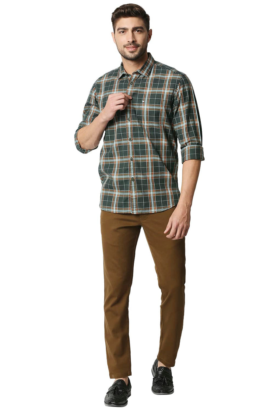 BASICS SLIM FIT IVY GREEN TWILL CHECKS SHIRT SHIRT