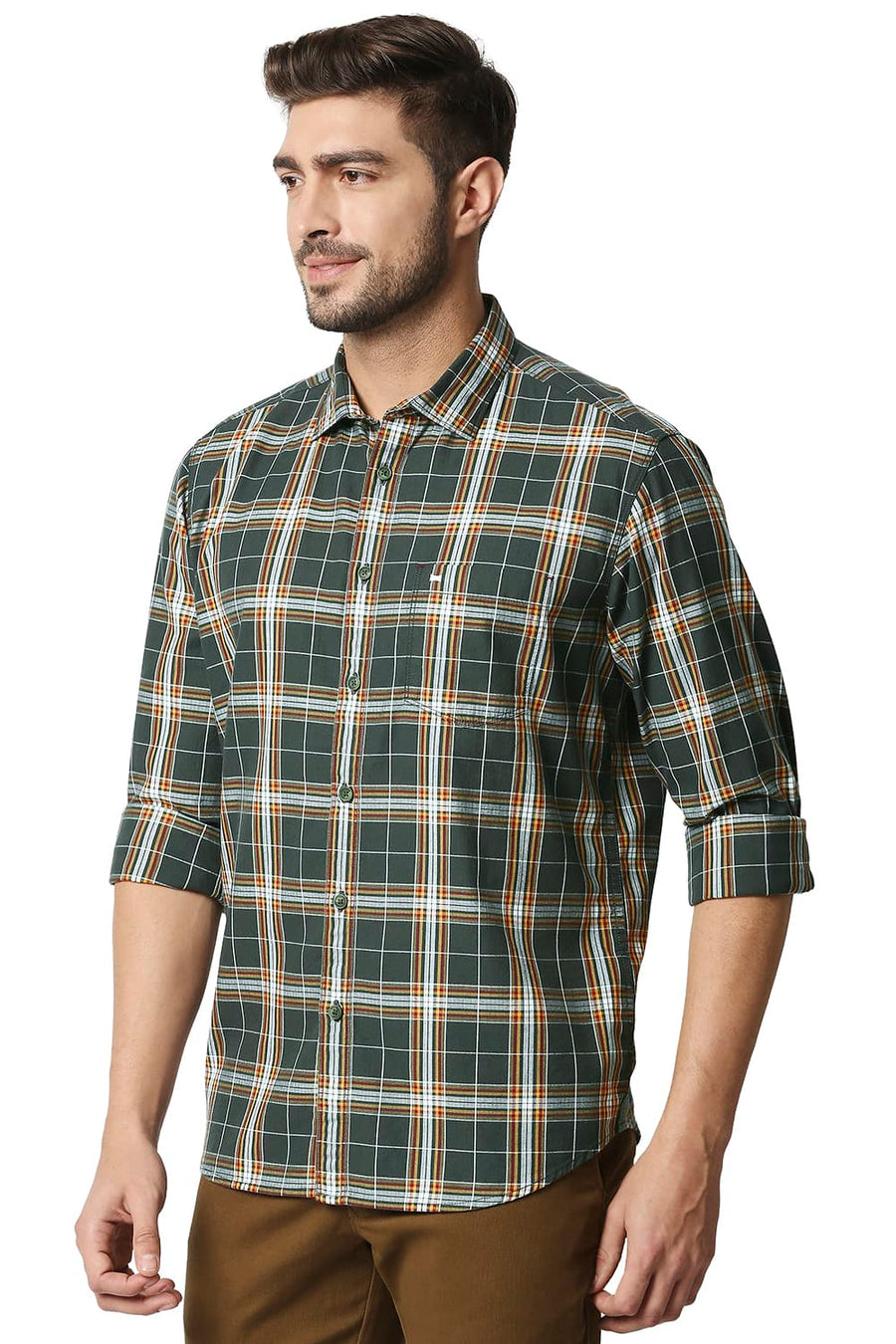 BASICS SLIM FIT IVY GREEN TWILL CHECKS SHIRT SHIRT