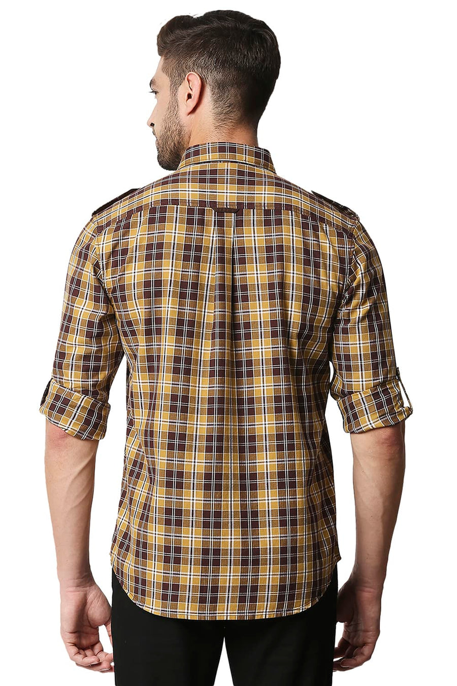 BASICS SLIM FIT CARAGE BROWN TWILL CHECKS SHIRT SHIRT