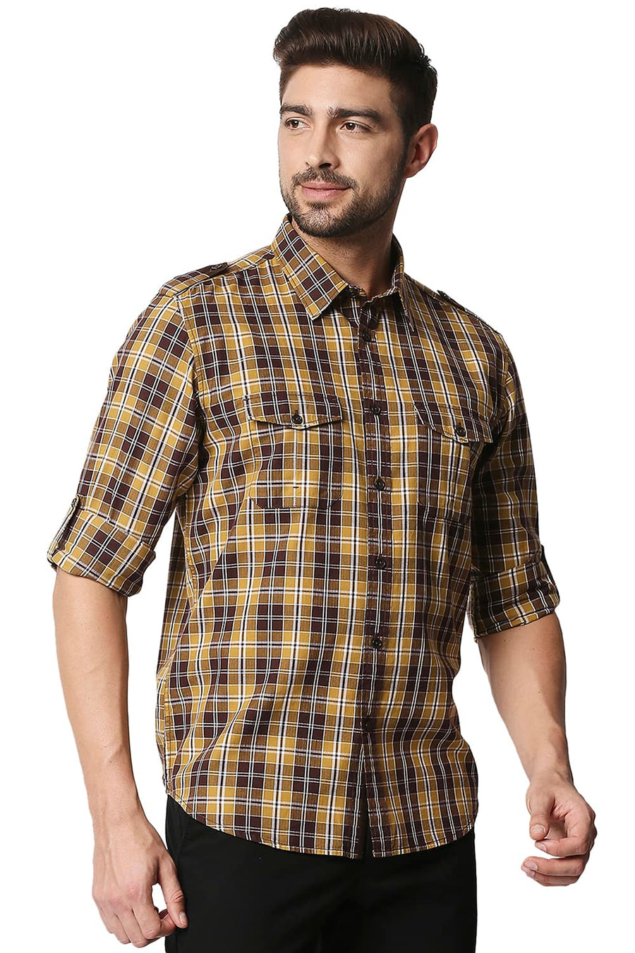 BASICS SLIM FIT CARAGE BROWN TWILL CHECKS SHIRT SHIRT