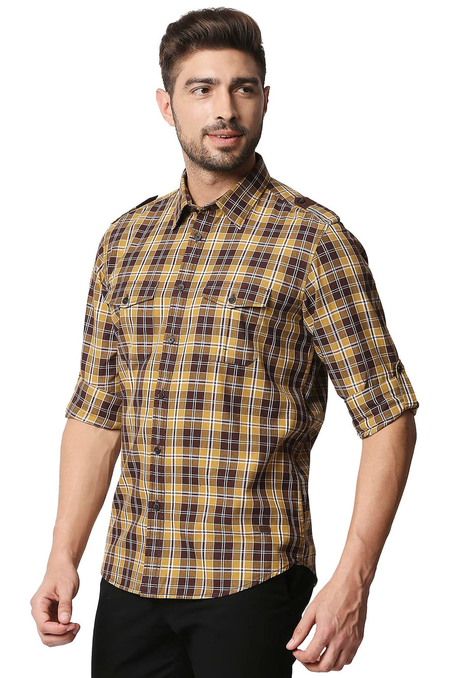 BASICS SLIM FIT CARAGE BROWN TWILL CHECKS SHIRT SHIRT