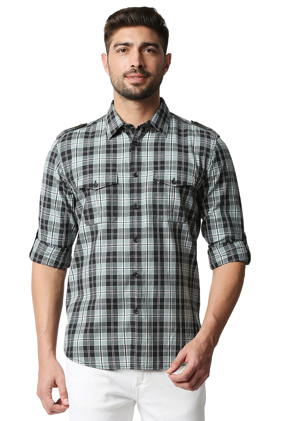 BASICS SLIM FIT MIRAGE GREY TWILL CHECKS SHIRT SHIRT