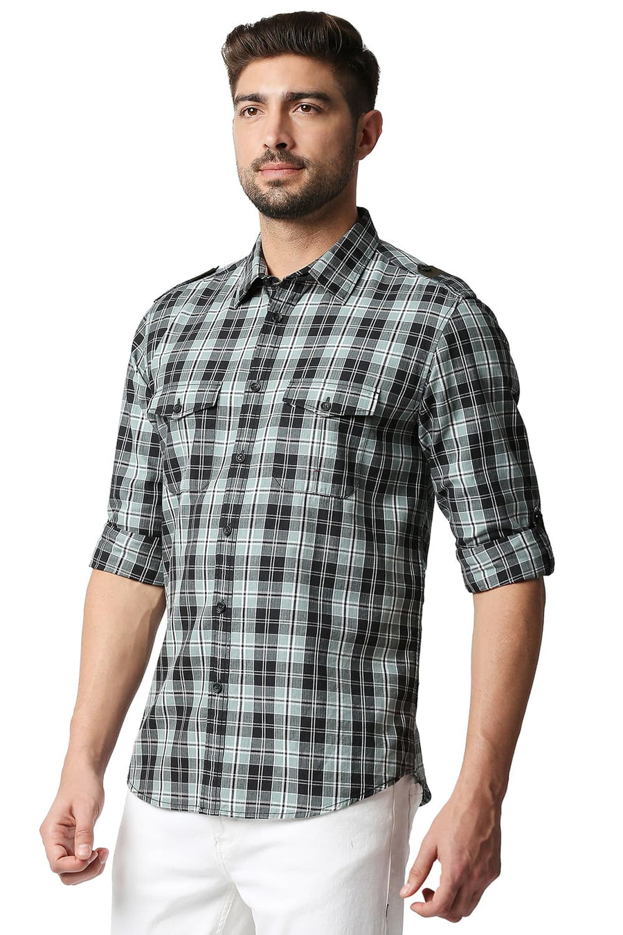 BASICS SLIM FIT MIRAGE GREY TWILL CHECKS SHIRT SHIRT
