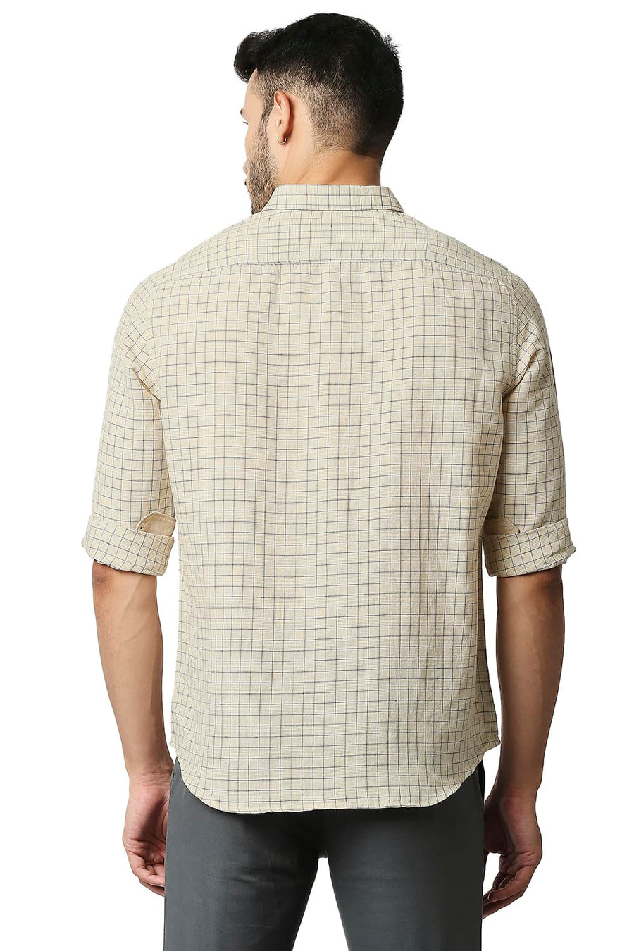 BASICS SLIM FIT CHINO BEIGE COTTON LINEN CHECKS SHIRT