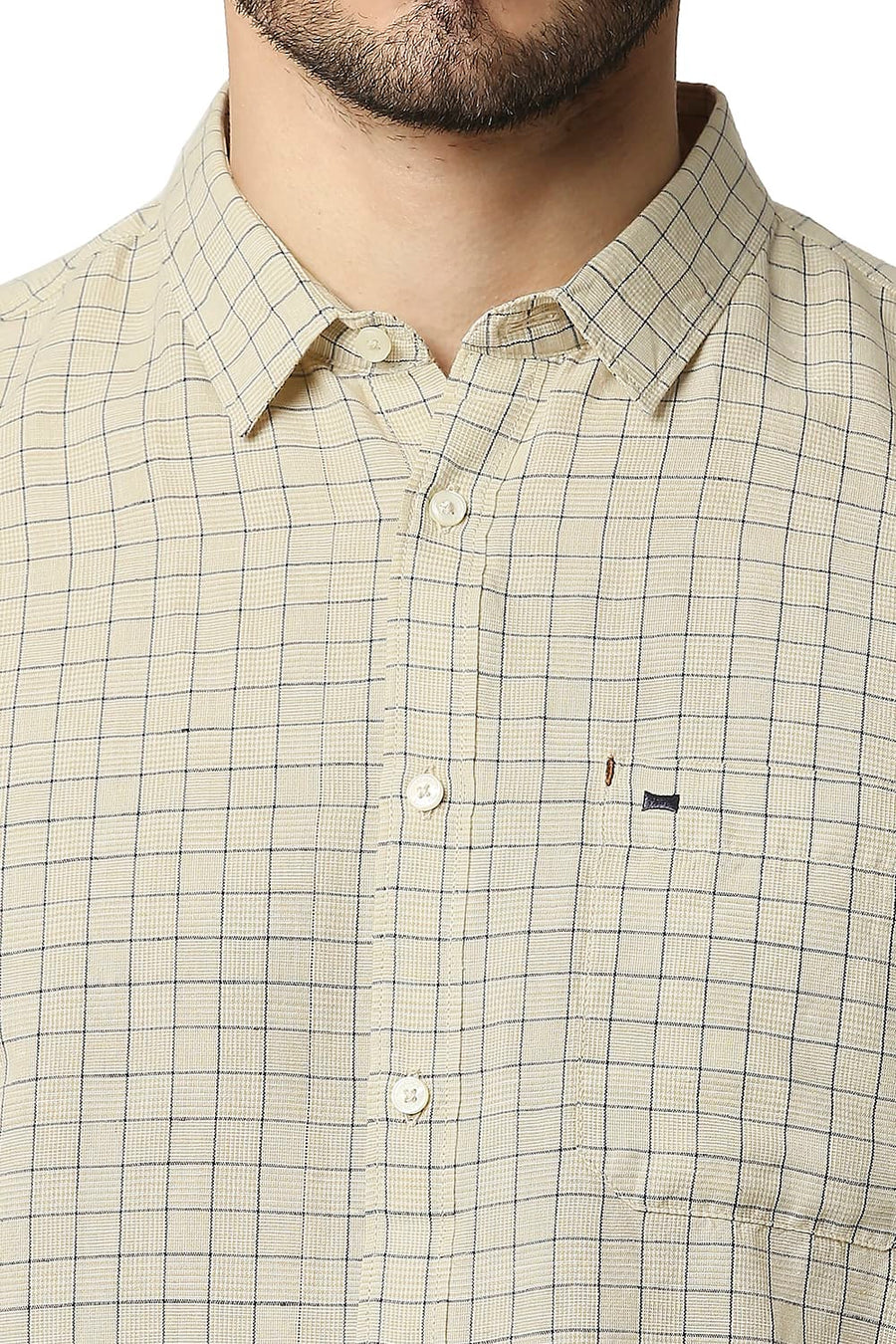 BASICS SLIM FIT CHINO BEIGE COTTON LINEN CHECKS SHIRT