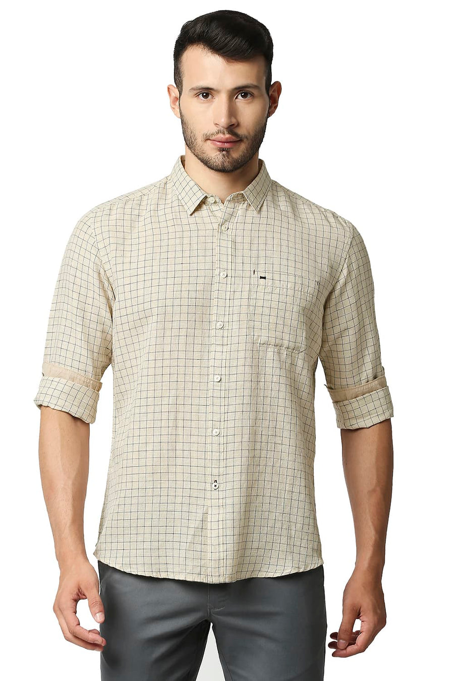 BASICS SLIM FIT CHINO BEIGE COTTON LINEN CHECKS SHIRT