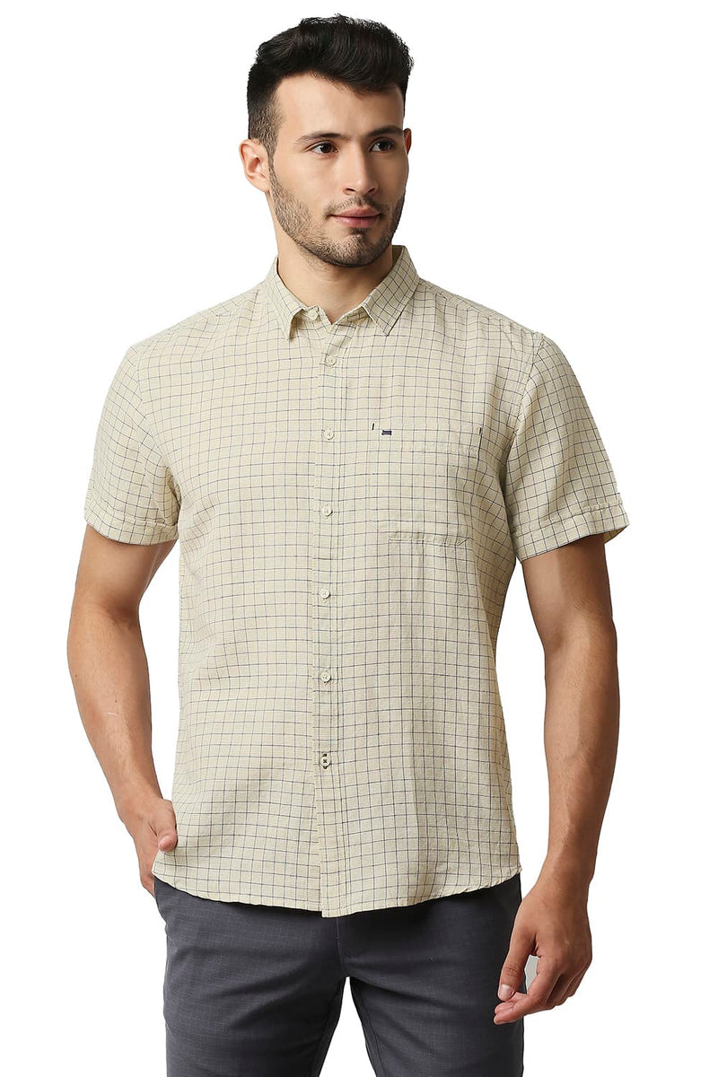 BASICS SLIM FIT COTTON LINEN CHECKS SHIRT