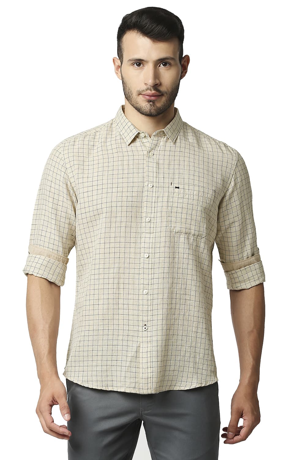 BASICS SLIM FIT COTTON LINEN CHECKS SHIRT