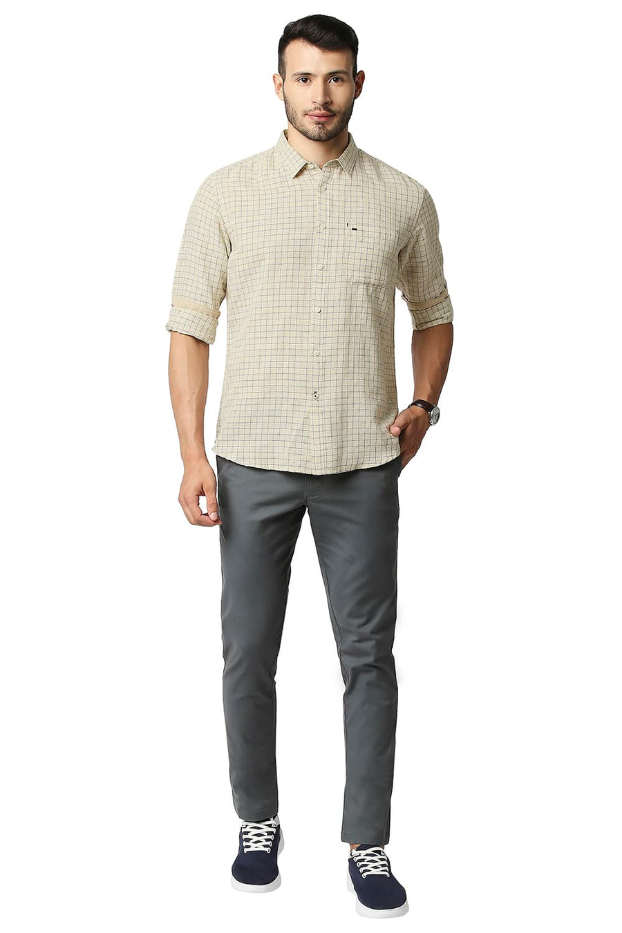 BASICS SLIM FIT CHINO BEIGE COTTON LINEN CHECKS SHIRT
