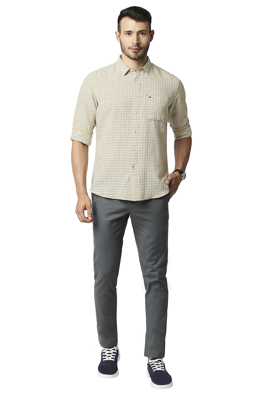 BASICS SLIM FIT COTTON LINEN CHECKS SHIRT