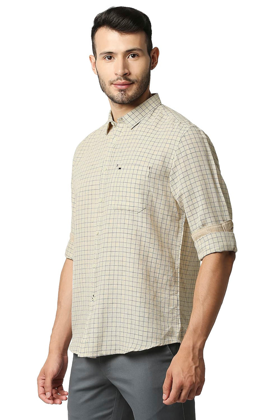 BASICS SLIM FIT CHINO BEIGE COTTON LINEN CHECKS SHIRT