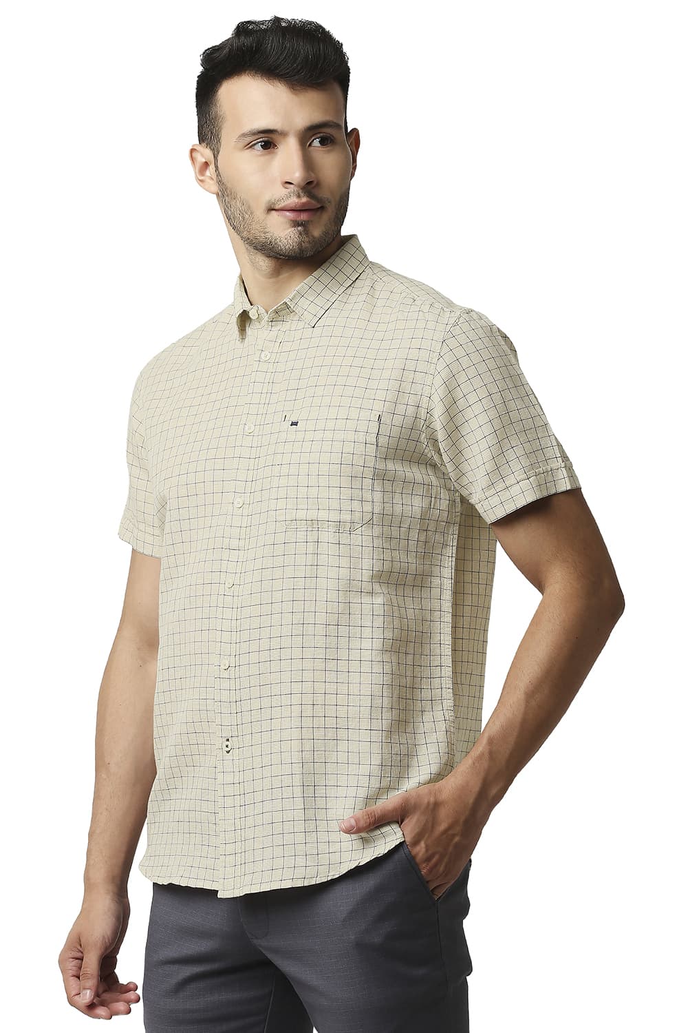 BASICS SLIM FIT COTTON LINEN CHECKS HALFSLEEVES SHIRT