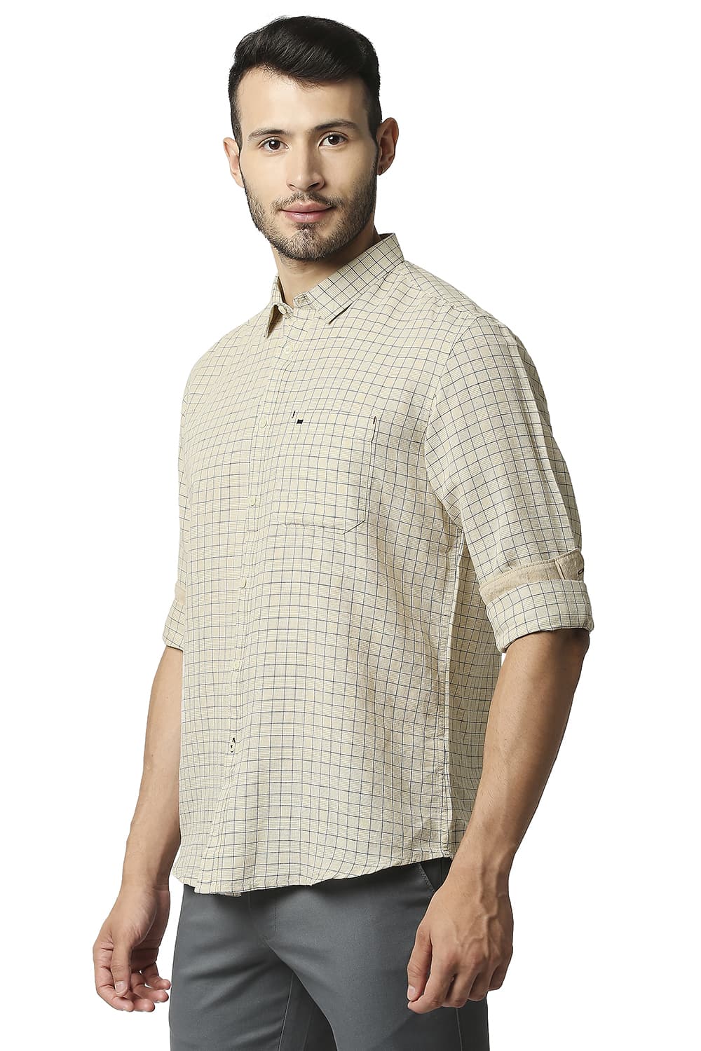 BASICS SLIM FIT COTTON LINEN CHECKS SHIRT