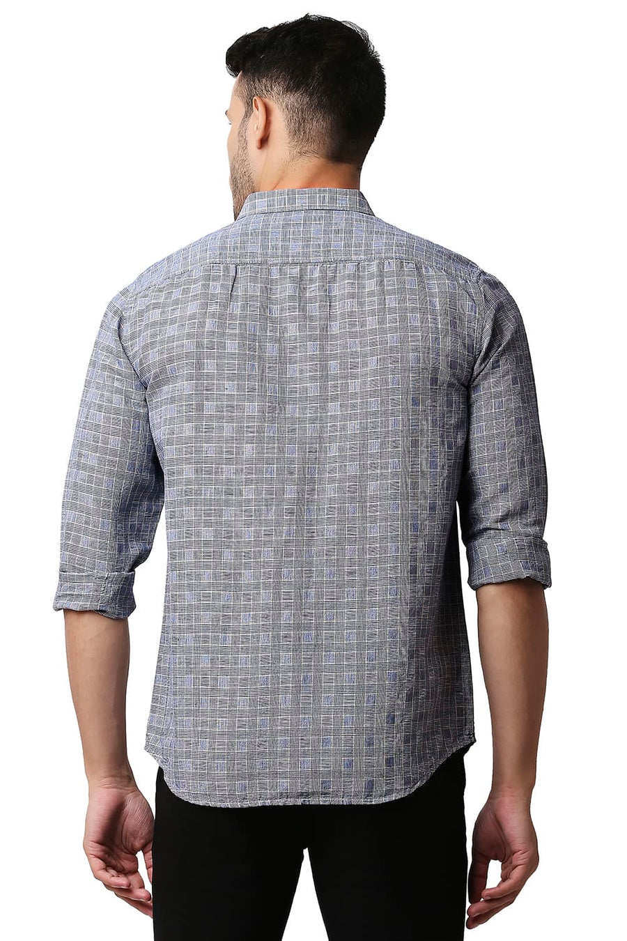 BASICS SLIM FIT VINTAGE BLUE COTTON LINEN CHECKS SHIRT