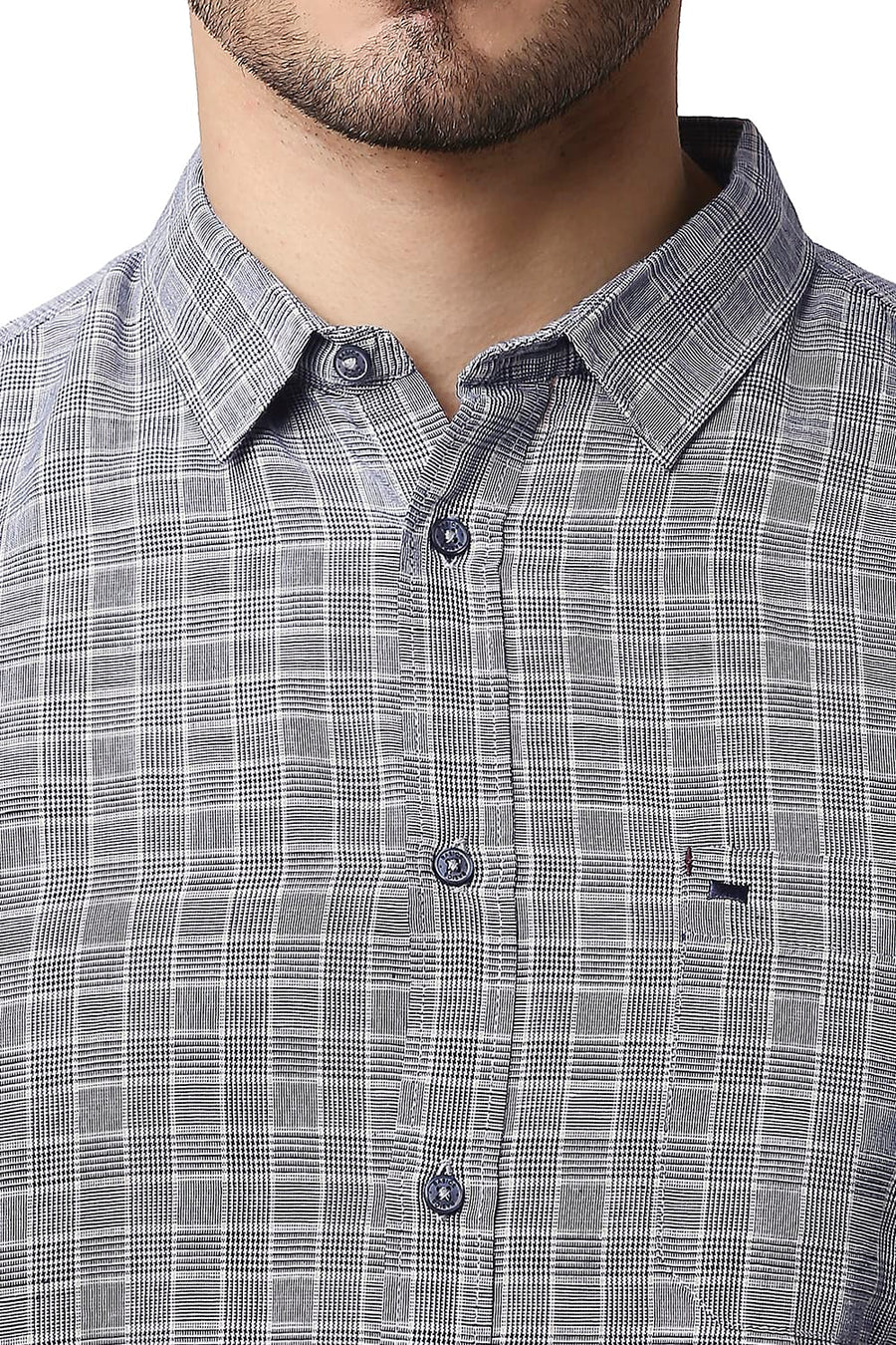 BASICS SLIM FIT VINTAGE BLUE COTTON LINEN CHECKS SHIRT