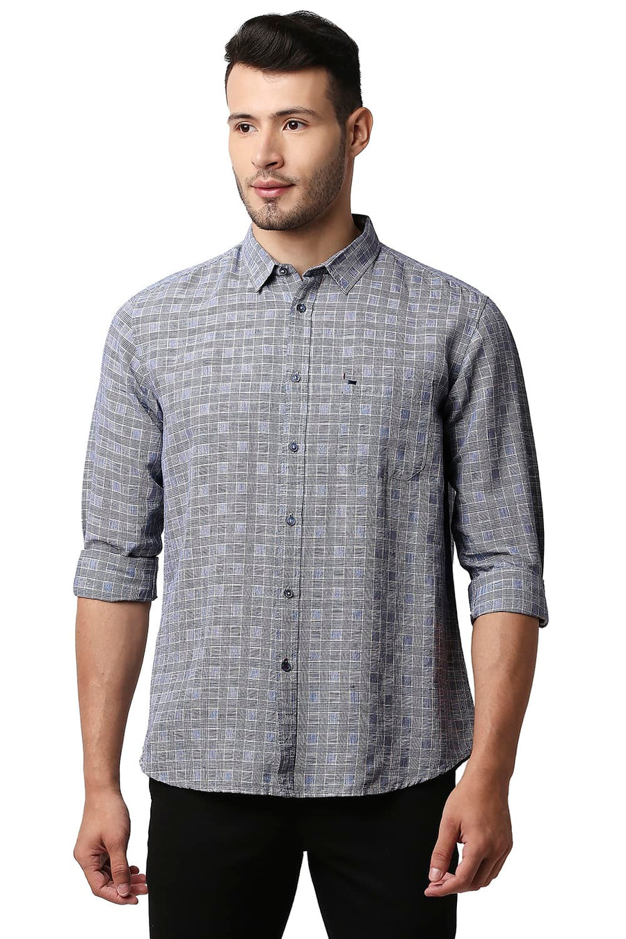 BASICS SLIM FIT VINTAGE BLUE COTTON LINEN CHECKS SHIRT