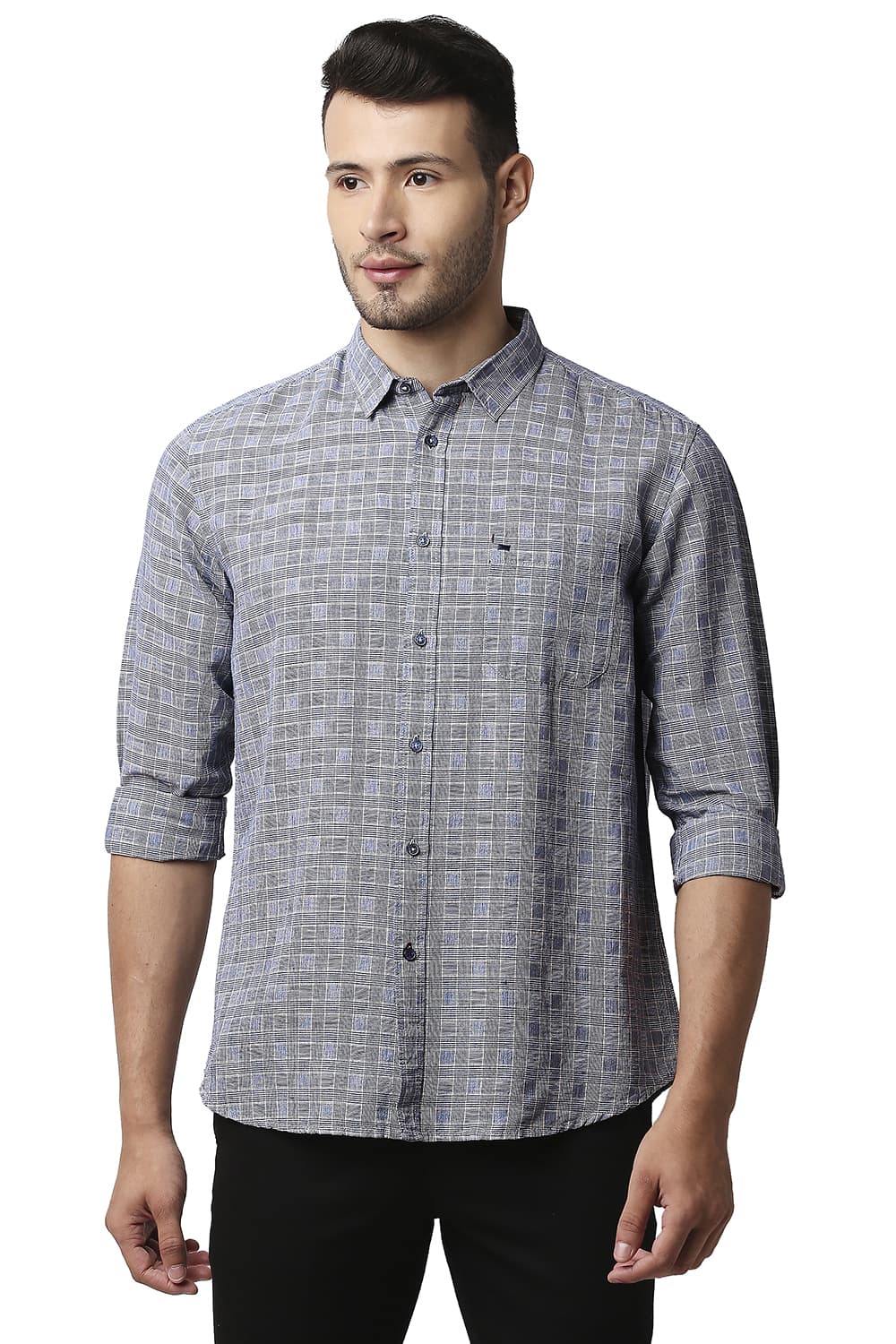 BASICS SLIM FIT COTTON LINEN CHECKS SHIRT