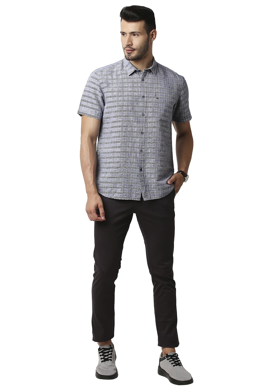 BASICS SLIM FIT COTTON LINEN CHECKS HALFSLEEVES SHIRT