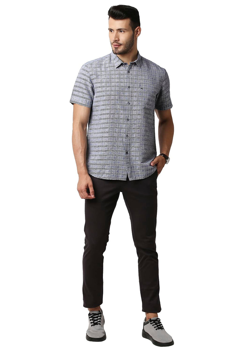 BASICS SLIM FIT COTTON LINEN CHECKS HALFSLEEVES SHIRT