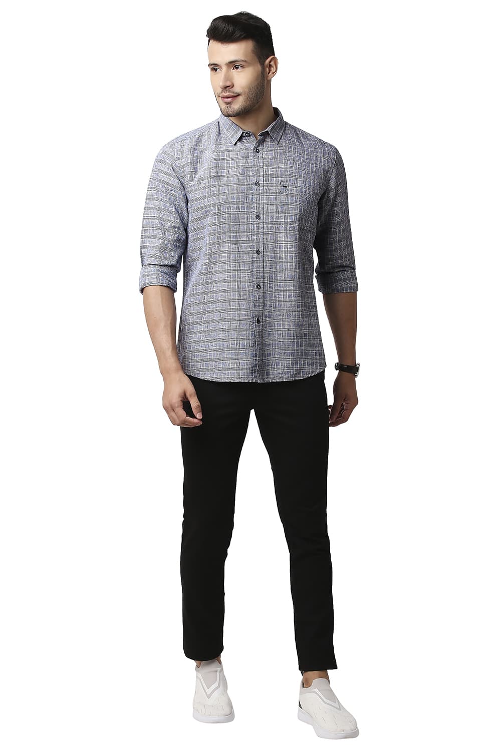 BASICS SLIM FIT COTTON LINEN CHECKS SHIRT