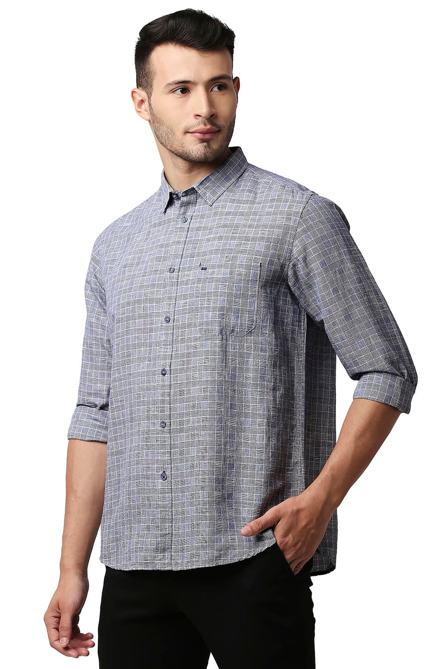 BASICS SLIM FIT VINTAGE BLUE COTTON LINEN CHECKS SHIRT